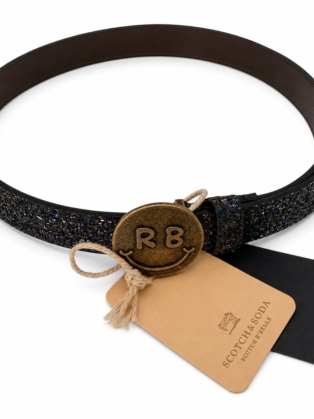 Scotch & Soda Black Glitter Belt with RB Brass Medallion